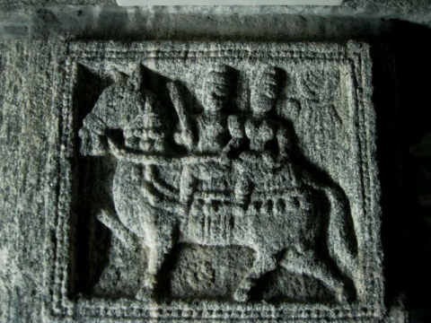 A sculpture from the Chandraprabha basadi at Jainamedu in Palakkad district. The sculpture depicted on the pillar represents a male and a female figure riding on a horse (Courtesy: Rajesh Karthy)