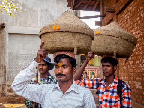 During the Warlis’ life-cycle rituals such as joli-lagin-dis (birth-wedding-death), everything is anointed with mohua daru.  Mohua daru is also part of the homecoming ritual of their kuldevas (household deities), as seen here. Warli men from Nashik district, whose gods are believed to share kindred relations with those of Palghar district, carry Hirva Dev, wrapped in a red cloth, and the other kuldevas in a karandi (basket). (Courtesy: Namrata Toraskar)
