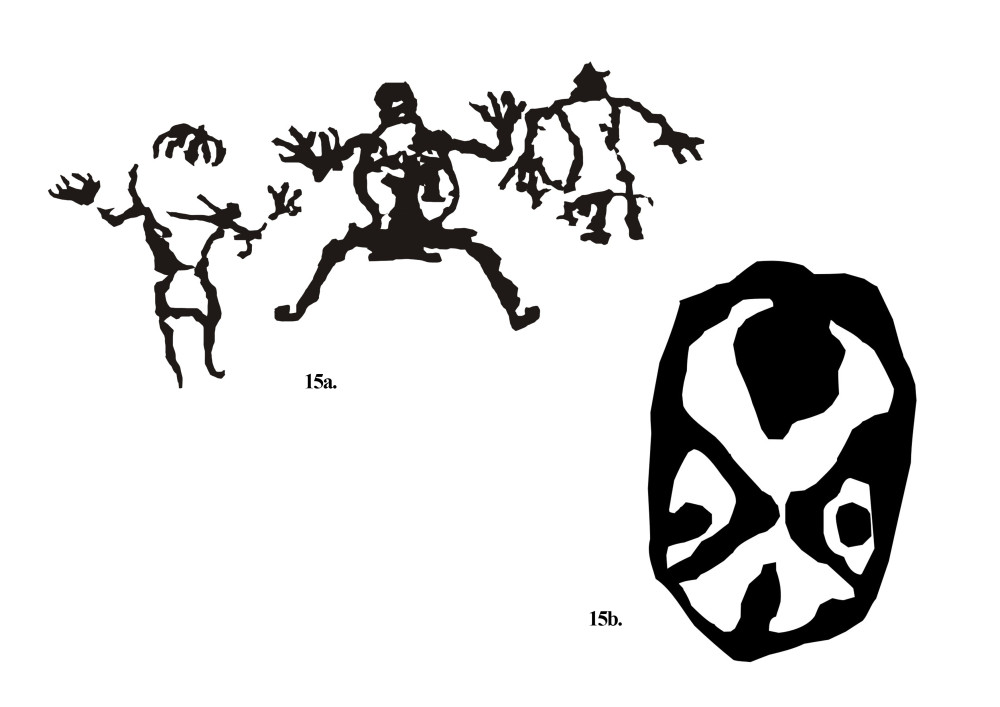 Fig. 15: (a) A rare representation of giant-like human forms; (b) one of the six mask-like figures near Sasoma