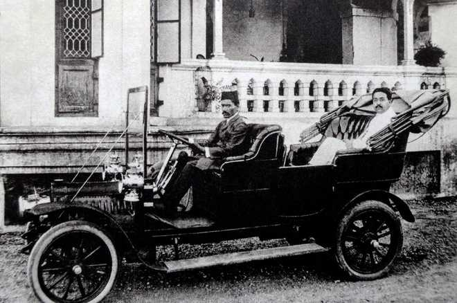 Ambalal Sarabhai in the first car which came to Ahmedabad. Photograph, dated 1910