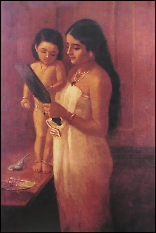 A Raja Ravi Varma painting of a woman and a child looking into a mirror (Courtesy: Wikimedia Commons)