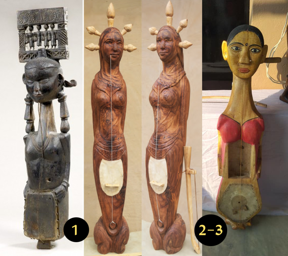 चित्र  2: फोटो 1- 1950 से पहले का बानाम (संग्रह एवं फोटो: म्युजियम रिटबर्ग, ज्युरिख, स्वीटजरलैंड) व फोटो 2-3- दिसंबर 2018 में निर्मित बानाम (फोटो सौजन्य: घोसालडांगा बिष्णुबाटी आदिबासी ट्रस्ट संग्रहालय, बीरभूम, पश्चिम बंगाल)