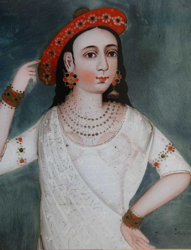 Courtesan in a red hat - Reverse painting on glass - Possibly Kutch - Mid-19th century_The Tribune