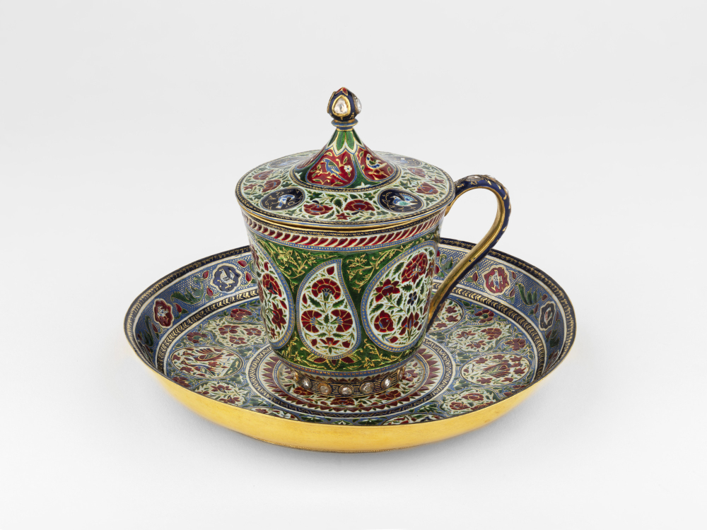 Cup, cover and saucer c. 1870 - 1875. Gold, enamel and diamond, Ghuma Singh, Photo: Royal Collection Trust / © Her Majesty Queen Elizabeth II 2021