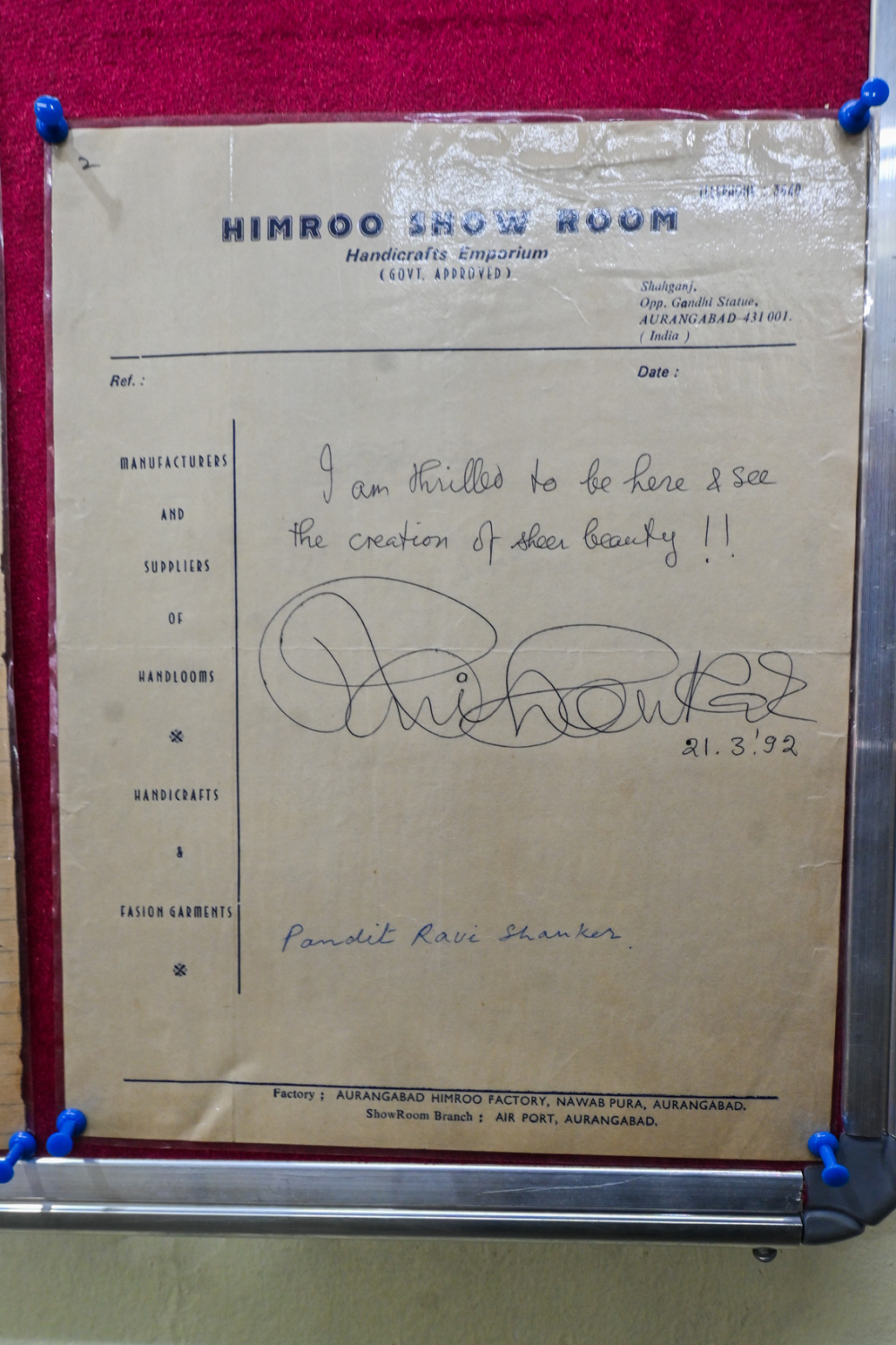 In 1992, Pandit Ravi Shankar wrote, “I am thrilled to be here & see the creation of sheer beauty.” (Picture Credits: Anil Purohit)