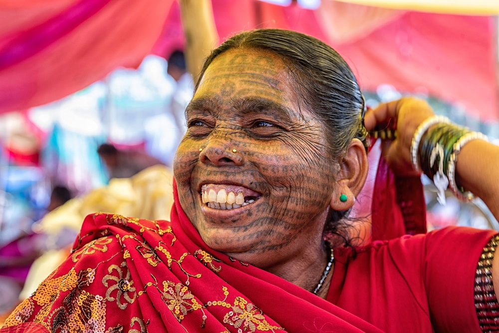A Ramnami woman with Ramram Tattoo 
