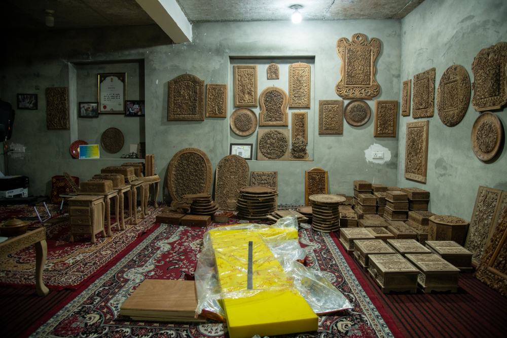 Exquisite walnut wood pieces crafted by Padma Shri awardee Ghulam Nabi Dar. 