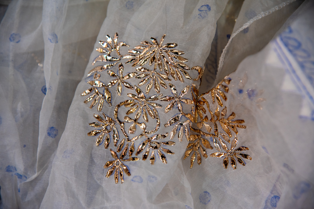 Kamdani, mukaish, and fardi are intricate metallic embellishment techniques to add shimmer, texture, and sparkle to traditional embroidery. (Picture Credits:Monis Khan)