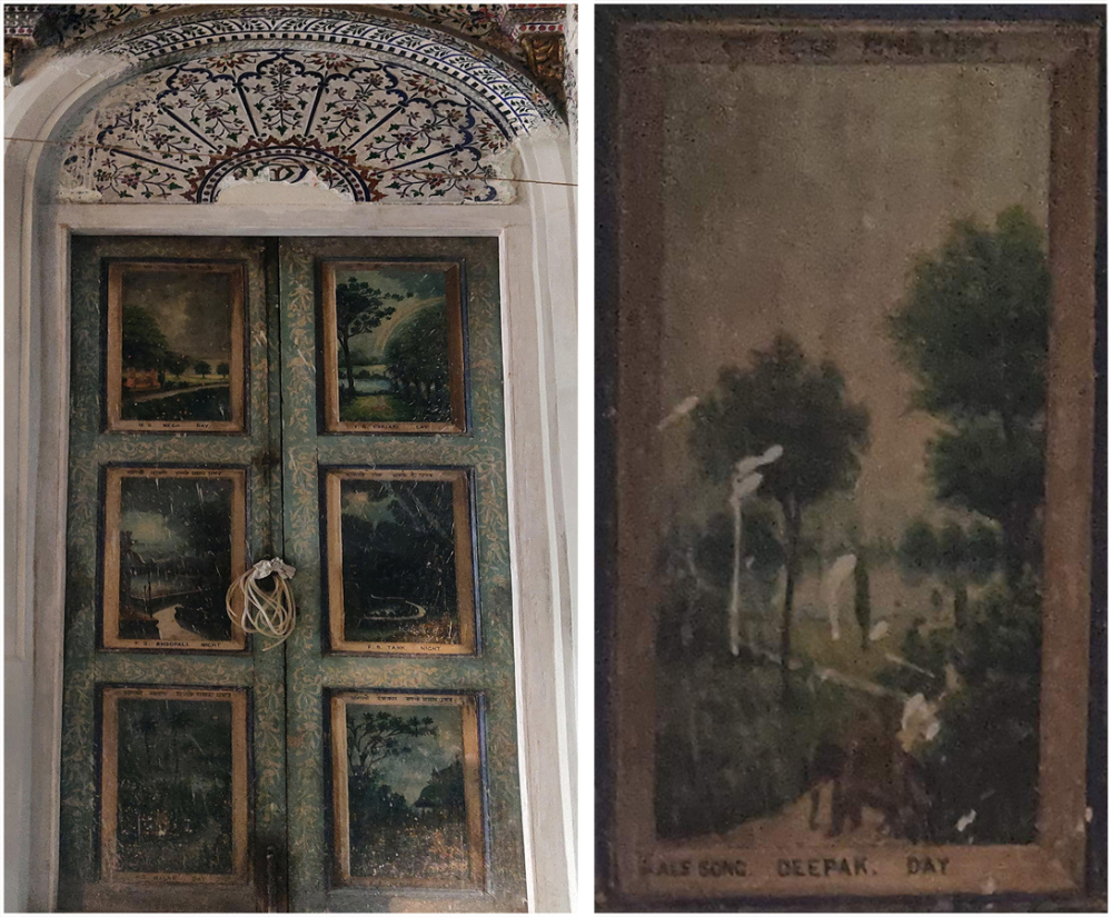 Fig. 3: Ragamala painting. Left: One of the three doors on the eastern side. Right: Details of the Raga Deepak. There are six doors on the eastern and western ends, three on each end of the hall. The leaf of each door is divided into three panels; each panel contains a single painting depicting a raga or ragini giving the painting an appearance of being painted within a frame. A description of the raga is written on top of the panel, a technique common to many miniature Ragamala paintings; the gender and name of the raga or ragini and the time to sing it is found at the bottom  (Courtesy: Kaza Ghosh)