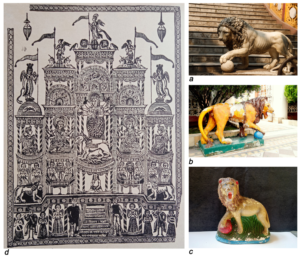 Fig. 4. a: Medici Lion, Chandaprabhaji temple. A pair of lions is placed in front of the staircase leading to the veranda adjoining the sanctum. b: Medici Lion, Mahavirswami temple, a pair of lions is placed in front of the side entrance. There is a similar lion on top of the main entrance.  c: Clay model of a similar lion collected from a village fair in the 2000s (Photo courtesy: Banty Chanda) d: Bindhyabasini, another name for Durga with Katyayani and Indrani (as identified in the print). Coloured woodcut print by Ramdhan Swarnakar, active during the nineteenth century, now in the collection of Victoria and Albert Museum. Two Medici Lions can be seen on top left and top right just above the bottom section (Photo courtesy: Sritama Halder)