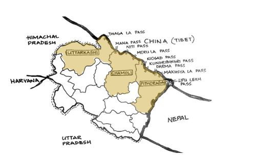 Fig 1: Map of Uttarakhand showing the border districts and passes connecting Tibet with India (Courtesy: Sweta Kandari)