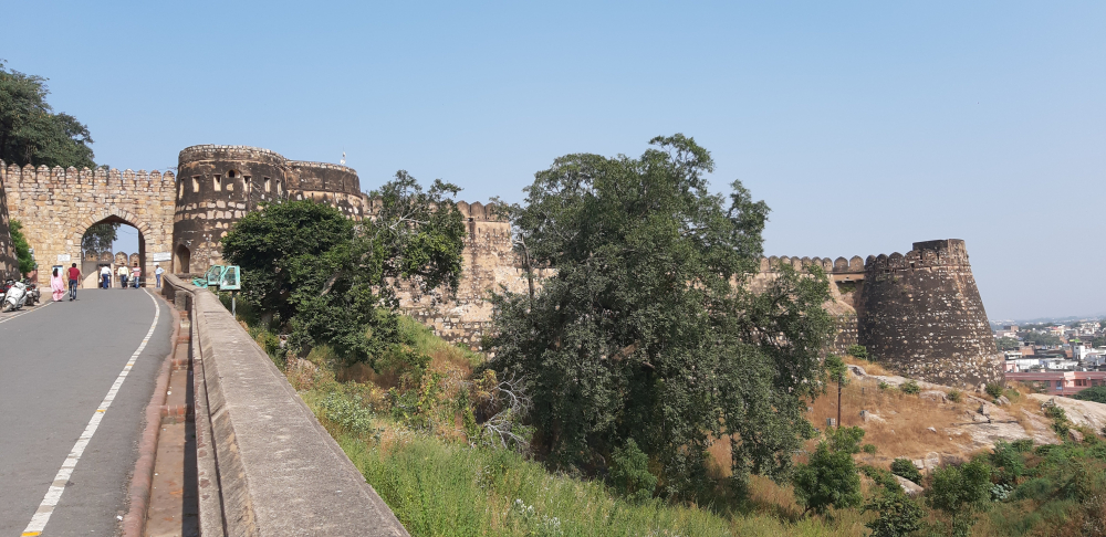 चित्र 1: झाँसी के किले के स्थापत्य का व्यापक चित्रण वृन्दावनलाल वर्मा के उपन्यास झाँसी की रानी लक्ष्मीबाई में देखने को मिलता है। यह चित्र इस किले के मुख्य द्वार का है। (फोटो: अमिता चतुर्वेदी, 17 नवंबर 2019)