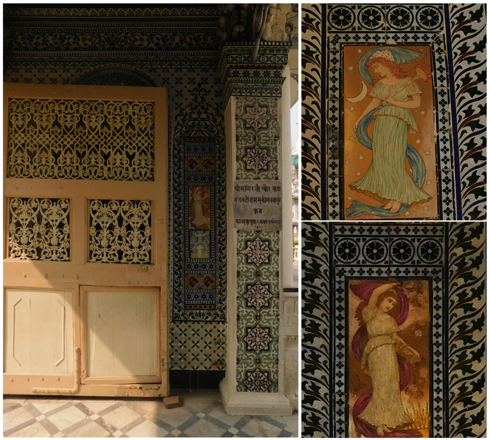 Fig. 7: The entrance itself is highly ornate. Among the geometric and floral motifs, there are two tiles with two figures of European women in gowns. They may be fairies or nymphs representing day/night or the earth/the sky and, as each of the pair is placed on either side of the entrance, their function is probably to usher the devotees and visitors into the temple compound. Almost similar kinds of figures could be found in various popular visual mediums of the 19th century Calcutta (Photo courtesy: Sritama Halder)