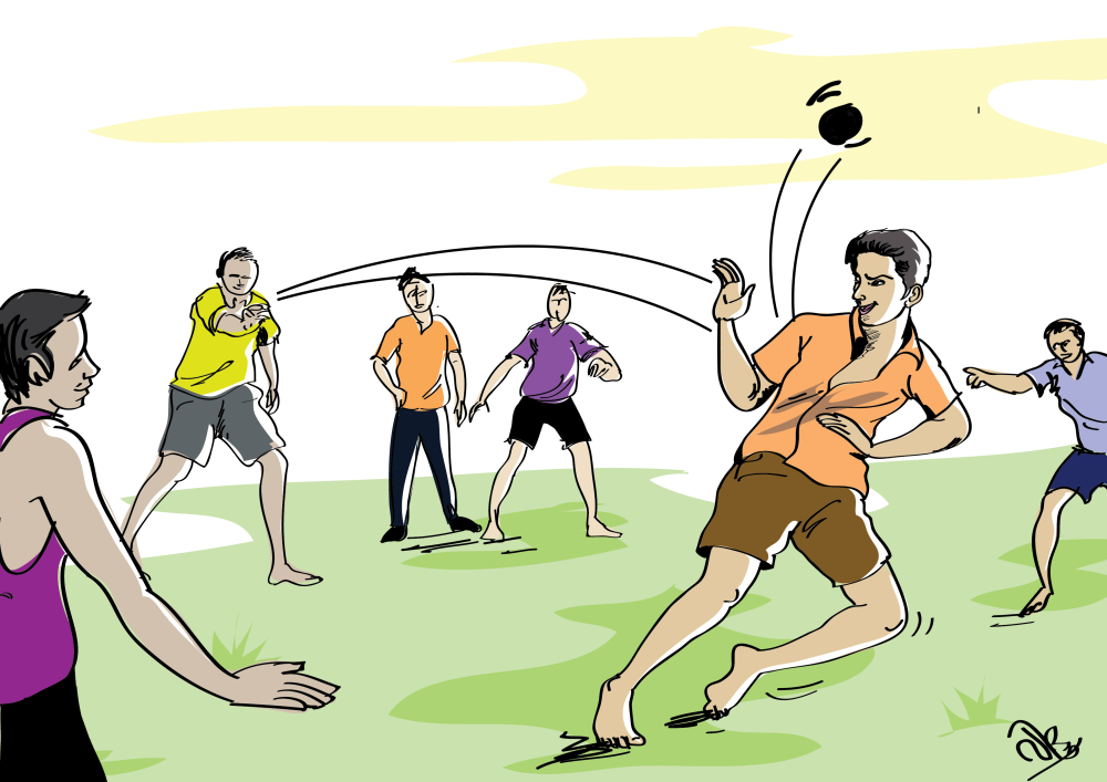 Fig. 1. ഏറുപന്തുകളി : മധ്യതിരുവിതാംകൂറിലെ കുട്ടികളുടെ പഴയകാല വിനോദമാണ് ഏറുപന്തുകളി.( ചിത്രീകരണം : വിദു മോൻ )