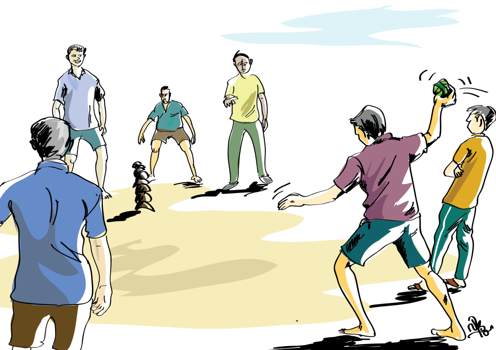 Fig. 2. ലതികളി : കാസർഗോഡ് ജില്ലയിലെ കുട്ടികളുടെ  നാടൻ വിനോദമാണ് ലതികളി. (ചിത്രീകരണം : വിദു മോൻ )