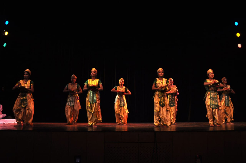Fig. 2. Dancers performing bhor-taal nritya (a parushar nrtiya) in Guwahati (Courtesy: Collection of Ranjumoni Saikia and Rinjumoni Saikia)  
