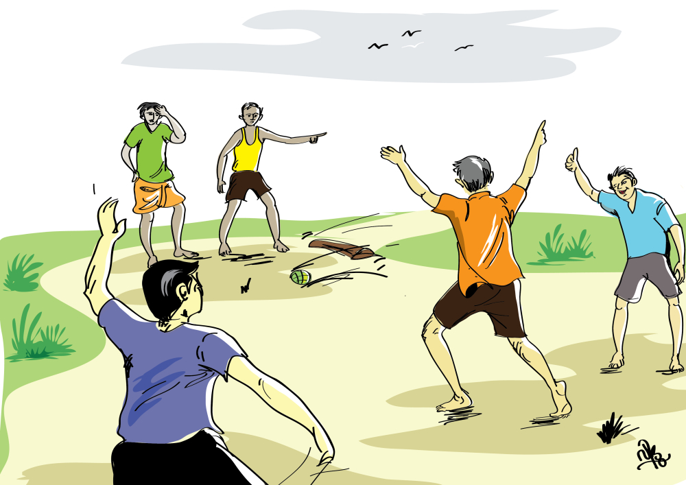 Fig. 3. തലപ്പന്തുകളി : കേരളത്തിൽ ആകമാനം പ്രചാരത്തിലുണ്ടായിരുന്ന പഴയകാല വിനോദമാണ് തലപ്പന്തുകളി. ( ചിത്രീകരണം : വിദു മോൻ)