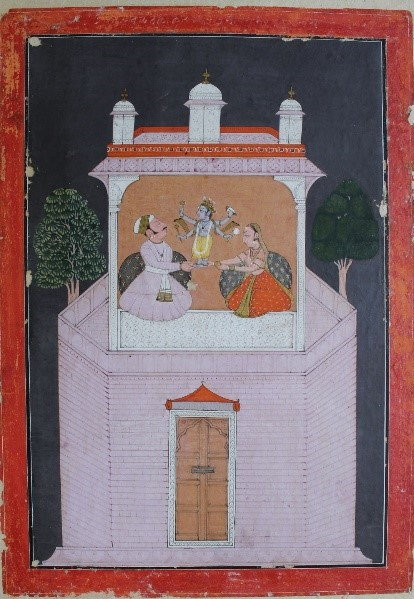  Fig. 1. Vishnu appears to Devaki and Vasudeva in their chamber. An illustration from the Bhagvata Purana. School of Laharu, 1758. (Courtesy: Bhuri Singh Museum, Chamba)