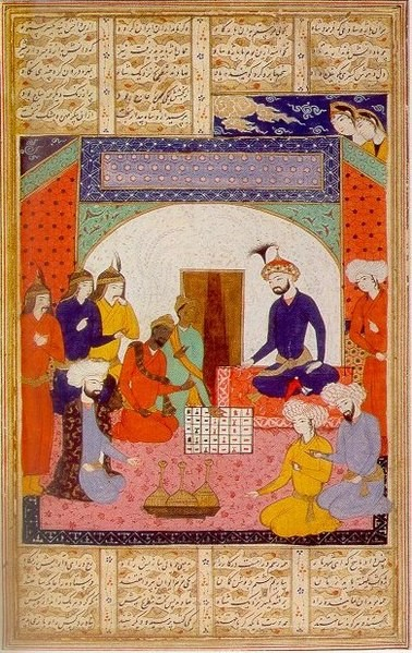 Fig.2. Indian ambassadors presenting chaturanga to Khusrow I, as depicted in the ‘Treatise on Chess’, 14th-century Persian manuscript. (Courtesy: Wikimedia Commons) 