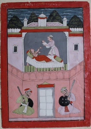 Fig. 2. Vasudeva gives Yogamaya to Devaki. An illustration from the Bhagvata Purana. School of Laharu, 1758. (Courtesy: Bhuri Singh Museum, Chamba)