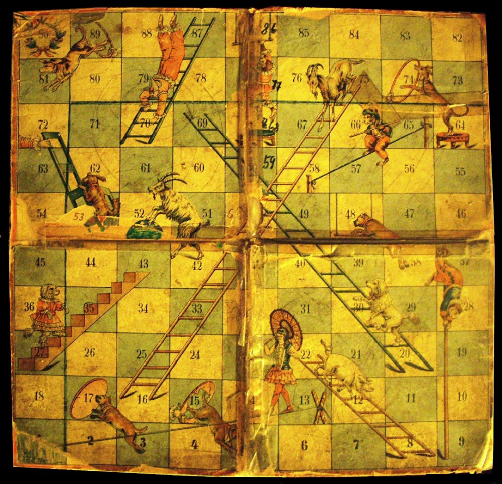 Fig.3.Lieterspiel, a version of chaupar was developed by J.W.Spears & Söhne  in Germany in the early 20th century. Though the word ‘lieterspeil’ translated to snakes and ladders, this board game consisted of circus animals instead of snakes. (Courtesy: Wikimedia Commons) 