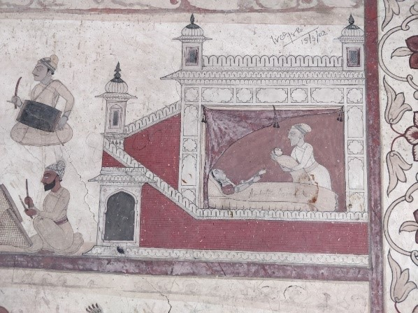 Fig. 3. Vasudeva takes infant Yogamaya from Yashoda. Devi Kothi murals, Chamba.(Courtesy Sarang Sharma)
