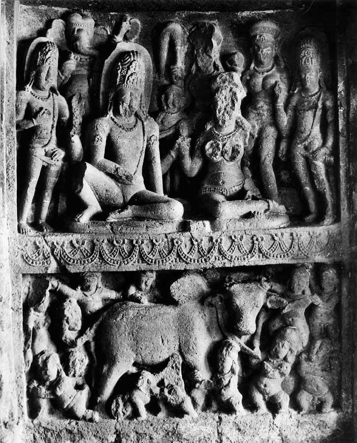 Fig.3. Shiva and Parvati playing backgammon in the top panel, while ganas in the lower panel fight over the bull (possibly because Parvati has won and Shiva has staked his bull in the gamble. (Courtesy: Digital South Asian Library, American Institute of Indian Studies, Gurgaon)