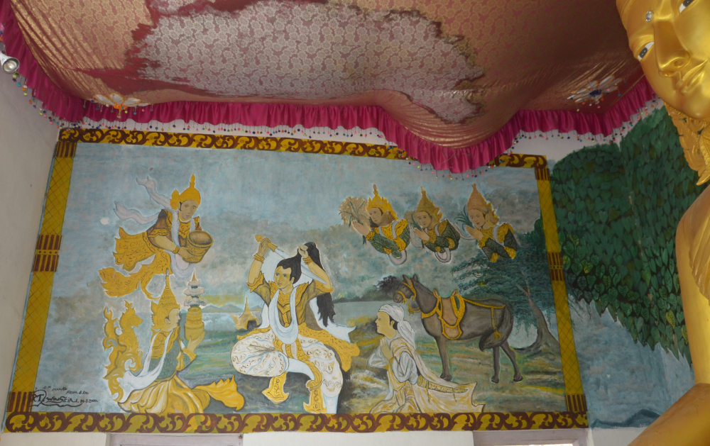 Fig. 4: Made by a local artist on the walls of Chongkham Buddha Vihar, Chongkham, Arunachal Pradesh, this painting shows Prince Siddhartha Gautama cutting his hair before renouncing his royal life to begin the life of an ascetic. Paintings of events from the Buddha’s life and Jataka tales are either hung on or directly painted on the walls of the prayer halls (Courtesy: Ajanta Das)