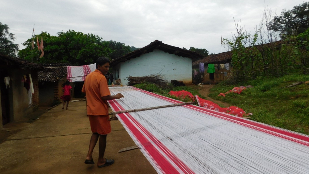 Fig.4. सुंदर मेहर ‘पिंधना’ के लिए माड़ लगे धागे को ओरिया (अलग-अलग कर) रहे हैं |(सौजन्य: सरोज केरकेट्टा)