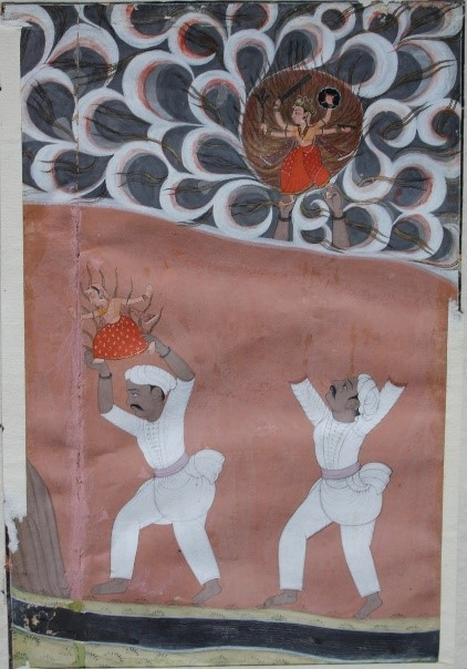 Fig. 4. Yogamaya slips from the hands of Kamsa’s servant. School of Laharu, 1758. (Courtesy of Bhuri Singh Museum, Chamba)