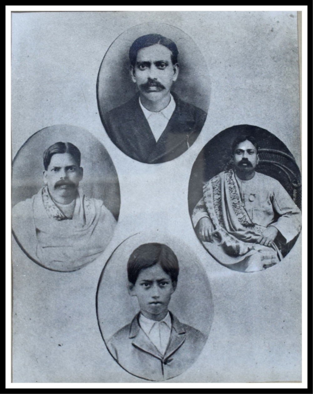 Fig.6.অনন্তলাল বন্দ্যোপাধ্যায়ের চার সংগীতগুনী পুত্র :  উপরে: রামপ্রসন্ন বন্দ্যোপাধ্যায়, বাঁদিকে: গোপেশ্বর বন্দ্যোপাধ্যায় নীচে: রামকৃষ্ণ বন্দ্যোপাধ্যায়, ডানদিকে: সুরেন্দ্রনাথ বন্দ্যোপাধ্যায়