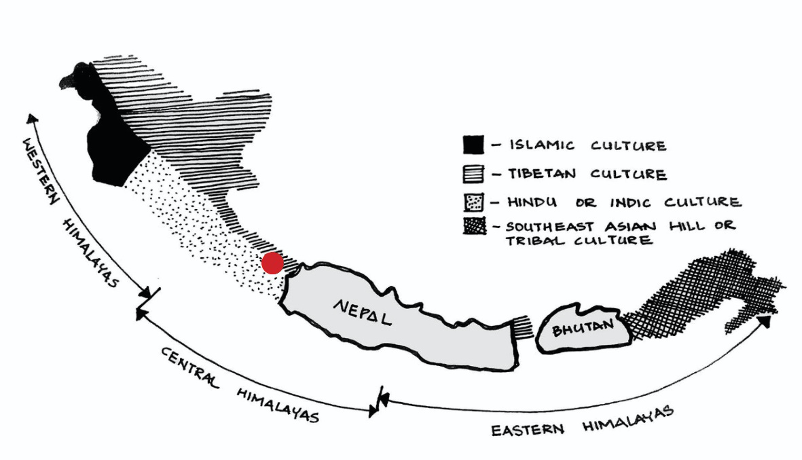 Fig. 3: A map of the Himalayan regions in India showing the various cultural influences. As seen here, one can see the Islamic, Tibetan, Hindu or Indic and tribal cultural influences based on the surrounding regions. The village Bagori (shown in red) lies in the Tibetan and the Hindu cultural influence zone. (Adapted and modified from http://www.nzdl.org/gsdl/collect/hdl/index/assoc/HASH0113/acdd201c.dir/80a02e07.gif)