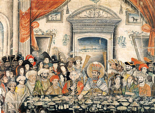 Nawab Ghazi ud-Din Haidar (r. 1814–27) entertains Lord and Lady Moira to a banquet in his palace, Opaque Watercolour, 1820–22. (Picture Credits: British Library/Wikimedia Commons)