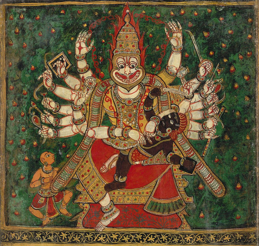 Holi, holika dahan, narasimha killing hiranyakashipu, narasimha avatar painting, british library indian collection