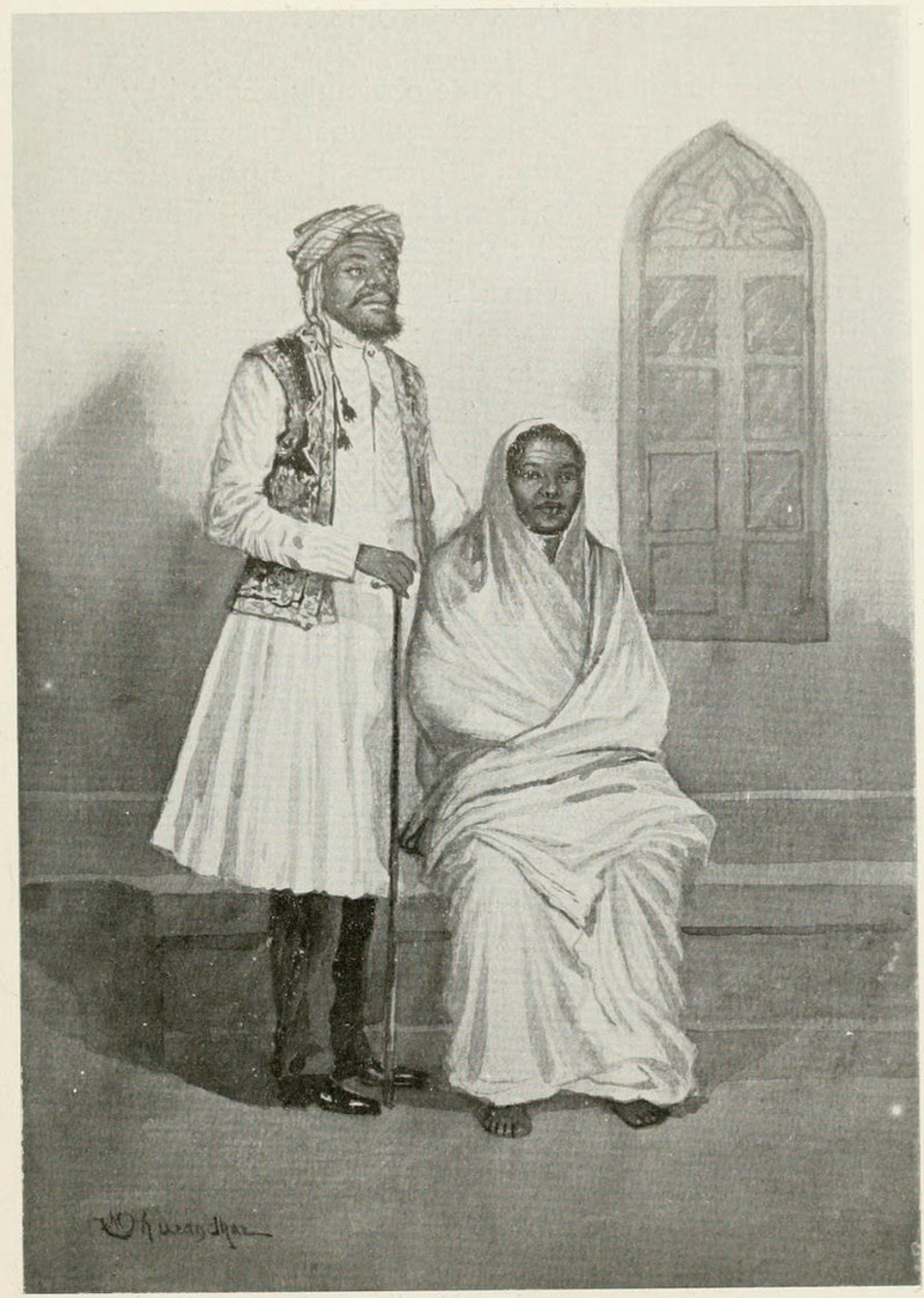 Fig. 2: During the late nineteenth and early twentieth centuries, depicting different ‘types’ of people was an increasingly popular theme in drawings and photography. The above image tries to represent a typical Siddi family by displaying them in their most identifiable attire and accessories (Courtesy: M.V. Dhurandhar; public domain)