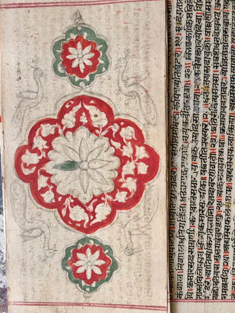 Fig 5: (Left) Incomplete decorated flyleaf of a handwritten manuscript. (Right) A typical Jain symbolic decoration on the flyleaf of a nineteenth-century handwritten manuscript. Shri Neminathji Bhandar Temple, Azimganj (Courtesy: Mrinalini Sil)