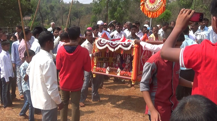 Fig. 6: Villagers dance with the palanquin before the bonfire of Holi is lit (Courtesy: Sonam Ambe).