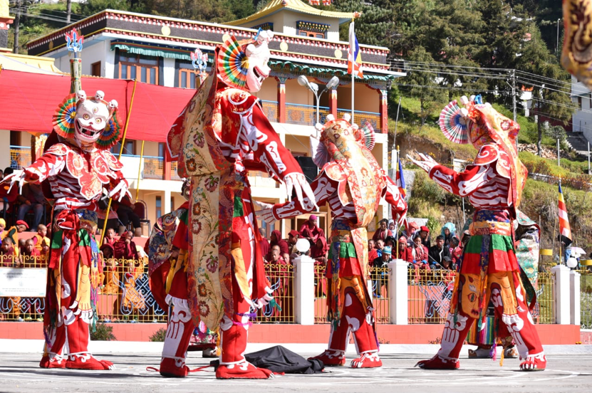 Fig. 7: Durdag cham,  also known as the skeleton dance, in which four monk artists wearing skeleton costumes perform as wrathful deities on a mission to rid the earth of evil spirits (Courtesy: Manash Pratim Borah)