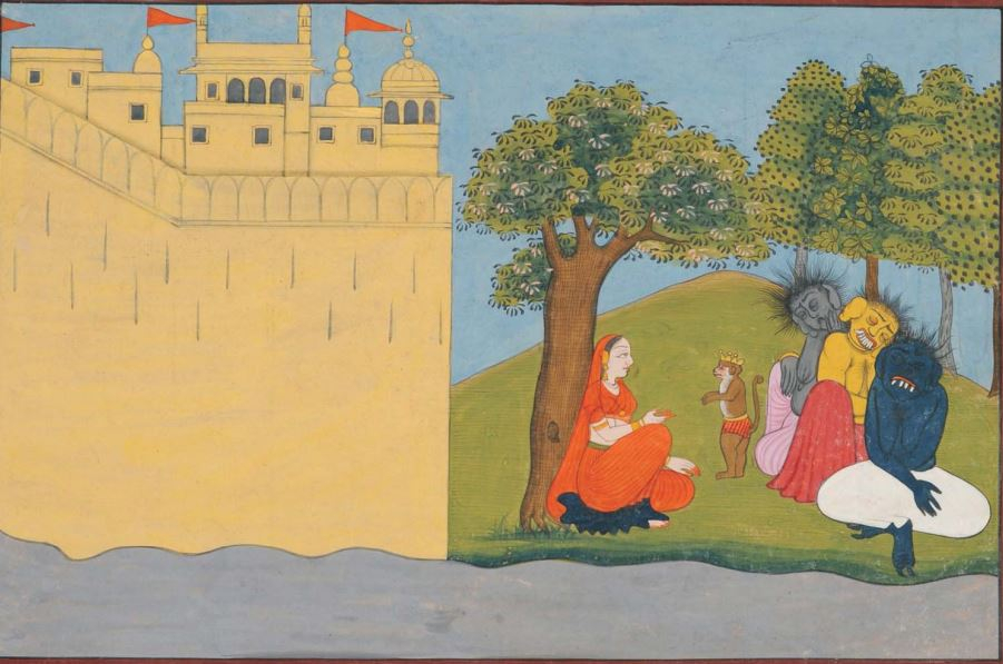 Hanuman in dwarfed form appears before Sita in the Ashoka Vatika