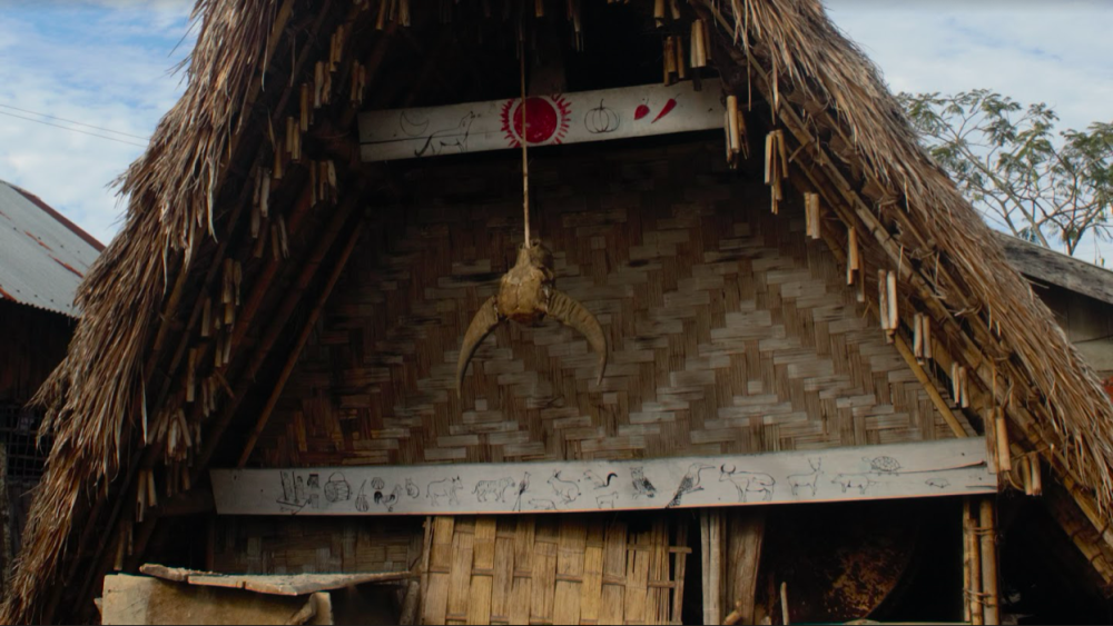 Fig 2. The markings on the taraengvkai represents some of the baanruh host’s stock of animals. Each animal motif has a symbolic aspect to it: the mithun represents wealth, prosperity, and the social status of the owner, the great Indian hornbill represents royalty, and the tiger stands for strength and courage. Each image is a symbolic representation of the positive qualities of the baanruh host     