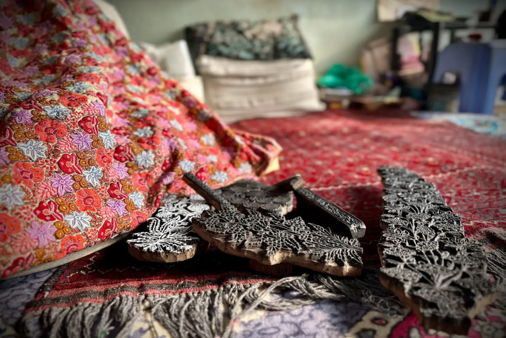 Wooden blocks to print designs before executing Sozni embroidery on a shawl. (Picture Credits: Taha Mughal)