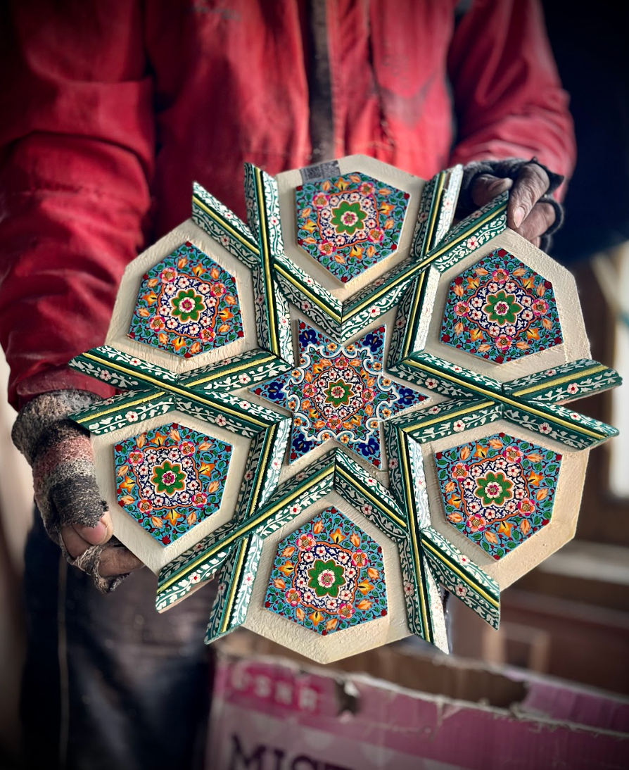 Khatamband ceilings—crafted without nails, featuring interlocking wooden patterns. (Picture Credits: Taha Mughal)