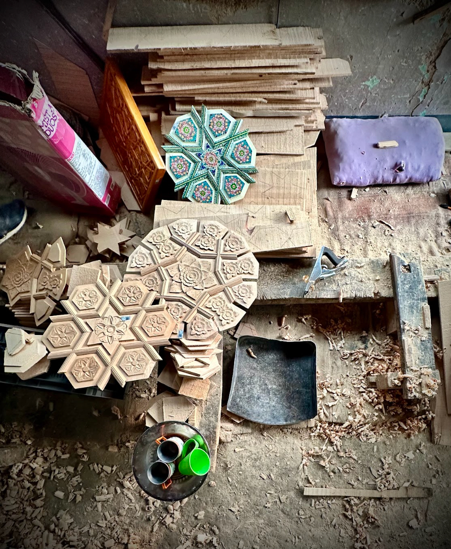 Khatamband ceilings—crafted without nails, featuring interlocking wooden patterns. (Picture Credits: Taha Mughal)