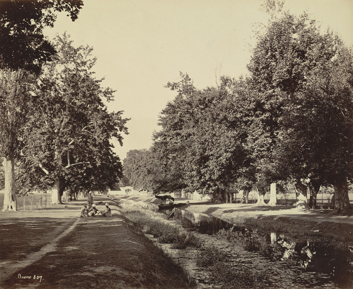 Entrance channel to Shalimar Bagh from Dal Lake, 1864
