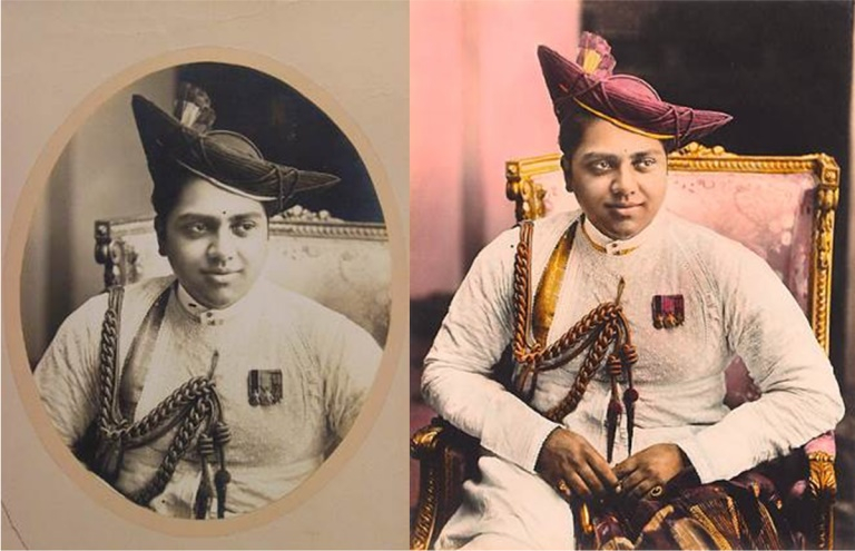 Two versions of the same photograph of Maharaja Jiwaji Rao Scindia (1916–61) of Gwalior, the latter of the two being hand-tinted (Courtesy: DAG via Sahapedia.org)