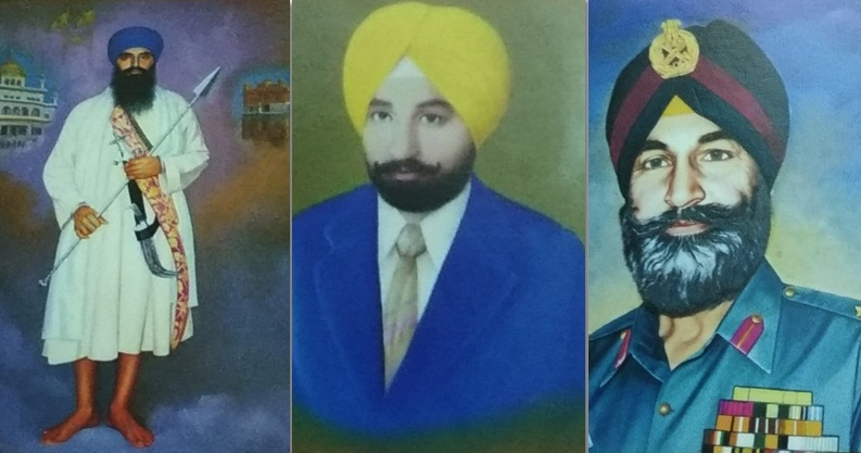Fig. 18: Left: Gurvinderpal Singh, Portrait of Jarnail Singh Bhindranwale, 2007, oil on canvas, 2 x 2.5 feet. Central Sikh Museum at Shri Harmandir Shahib, Amritsar, Punjab, India. Middle: Gurvinderpal Singh, Portrait of Beant Singh, 2007, oil on canvas, 2 x 2.5 feet. Central Sikh Museum at Shri Harmandir Shahib, Amritsar, Punjab, India. Right: Gurvinderpal Singh, General Subeg Singh, 2007, oil on canvas, 2 x 2.5 feet. Central Sikh Museum at Shri Harmandir Shahib, Amritsar, Punjab, India (Courtesy: Sayan Gupta)