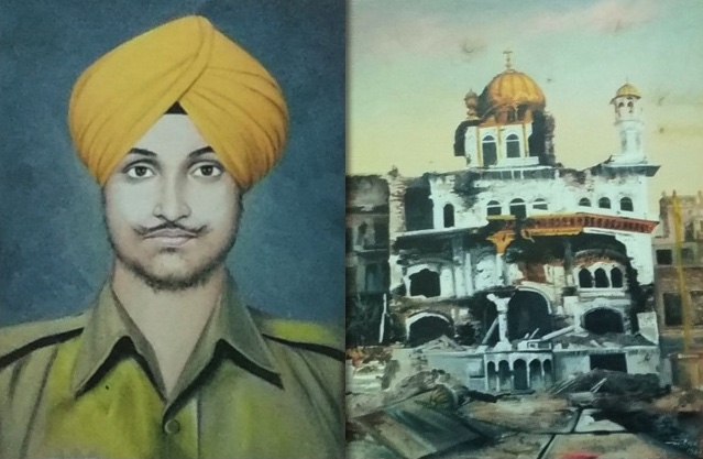 Fig. 15: Left: Gurvinderpal Singh, Portrait of Satwant Singh, 2007, oil on canvas, 2 x 2.5 feet. Central Sikh Museum at Shri Harmandir Shahib, Amritsar, Punjab, India. Right: Gurvinderpal Singh, Carnage of Akal Takht, 2007, oil on canvas, 2 x 2.5 feet. Central Sikh Museum at Shri Harmandir Shahib, Amritsar, Punjab, India (Courtesy: Sayan Gupta).