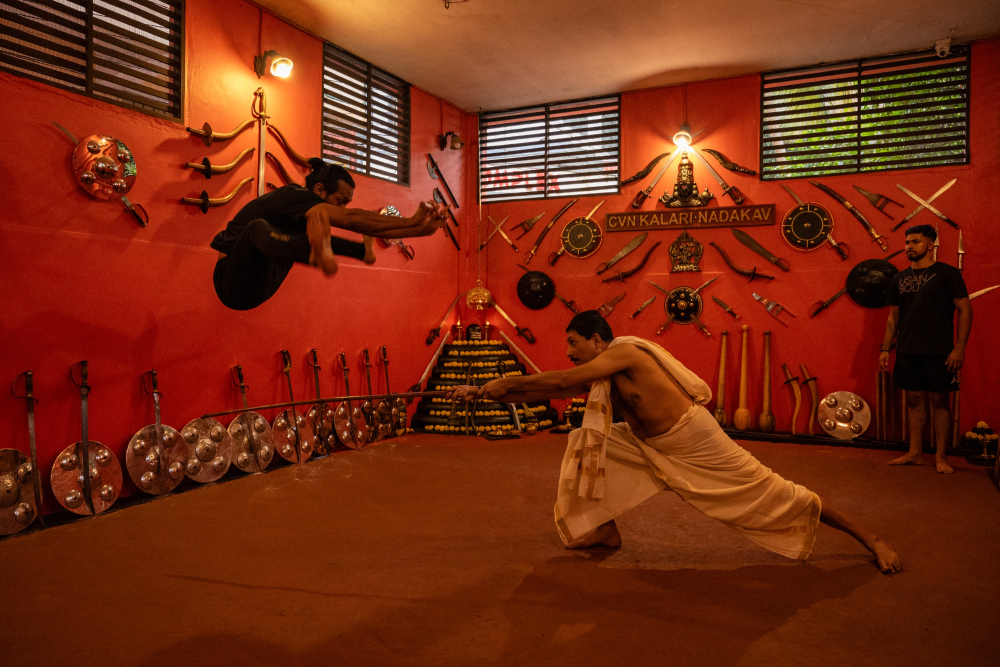 Sunil Gurukkal demonstrating his techniques to students during a practice session at CVN Kalari in West Hill, Nadakkavu.    Photo by Joseph Rahul.