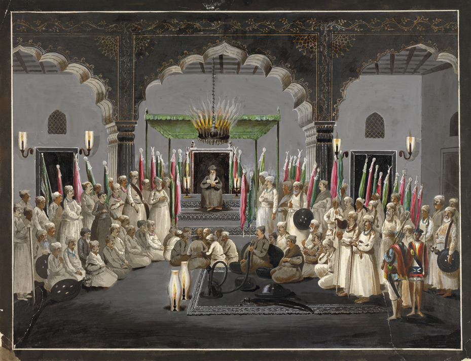A watercolor painting of Nawab Asaf-ud-Daula at a Muharram observance in the Imambara, 1795. Part of the Hyde collection. (Picture Credits: Wikimedia Commons)