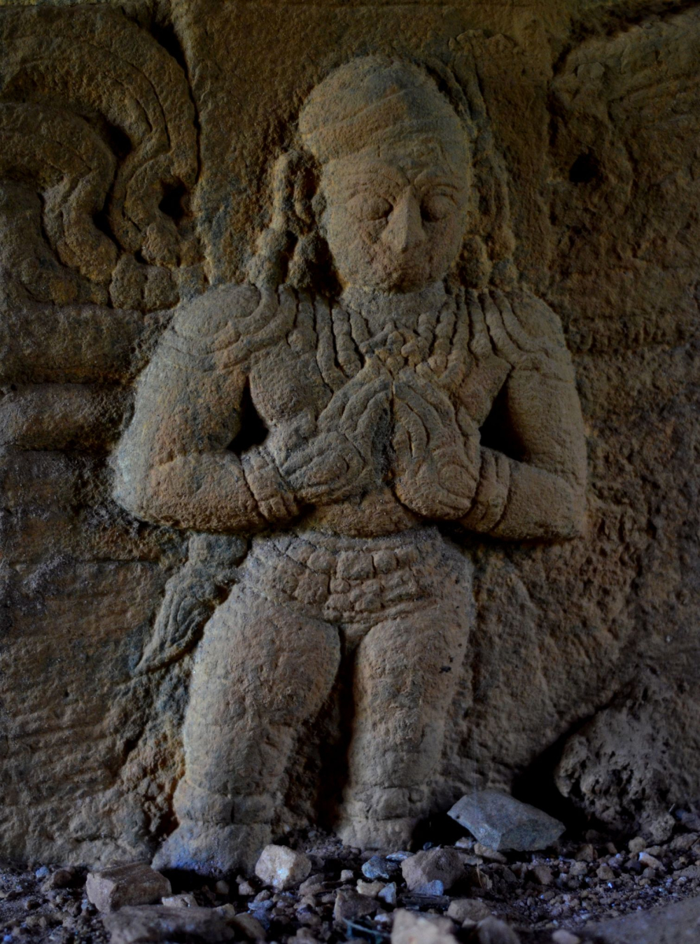 Sculpture from the Jain temple at Puthangadi. It represents a devotee in anjali mudra, considered a gesture of salutation or devotion. This is common sculptural theme in temples, irrespective of creed. Photo courtesy: Rajesh Karthy